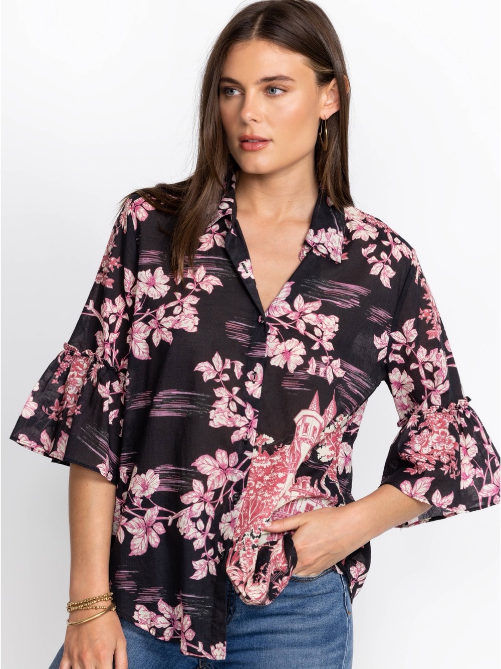 Johnny Was "House on the Hill" Ruffle Sleeve Blouse Pink Black White Size XL